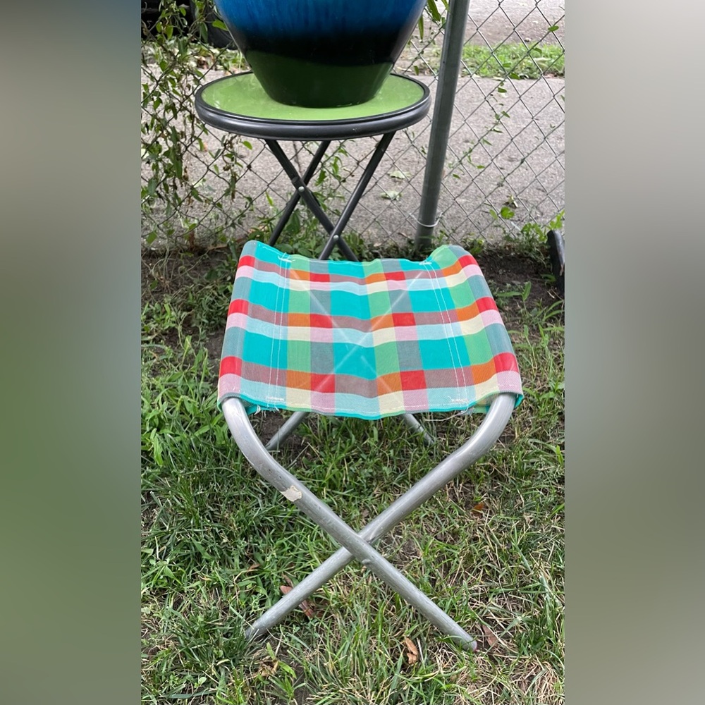 Aluminum Vintage Fold-up Plaid Mesh Camp Stool Retro Camping Folding Chair.